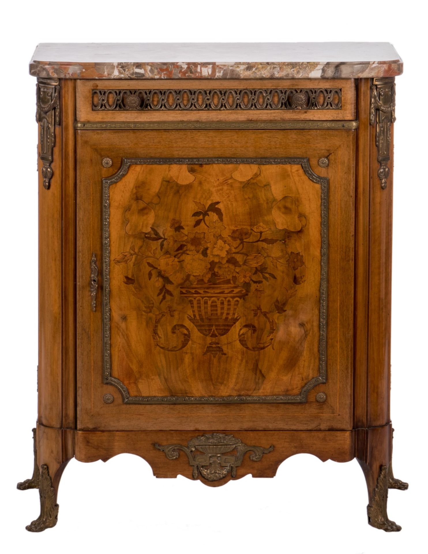 A Neoclassical cabinet, walnut and marquetery veneered, with marble top, style De Coene -