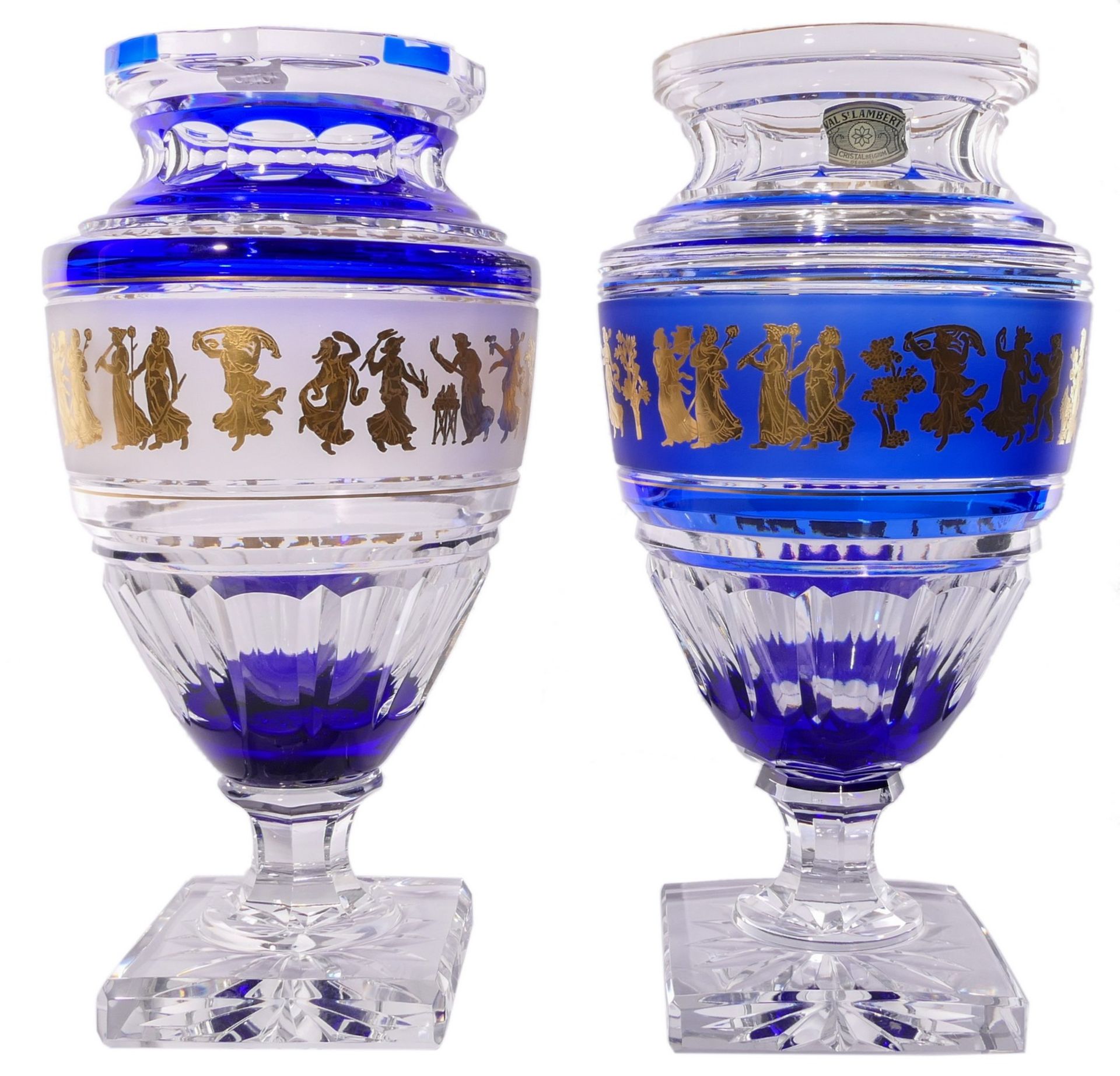 Two almost identical Val St. Lambert blue cut to clear crystal vases, decorated on the body with - Image 2 of 9
