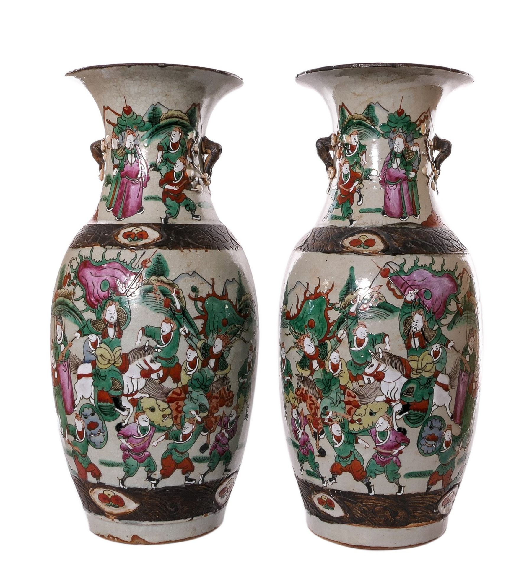 A pair of Chinese polychrome stoneware vases, decorated with warriors, marked, H 46 cm (restored)