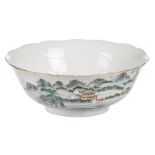 A Chinese polychrome foliate rim bowl, decorated with a landscape and calligraphic texts, marked