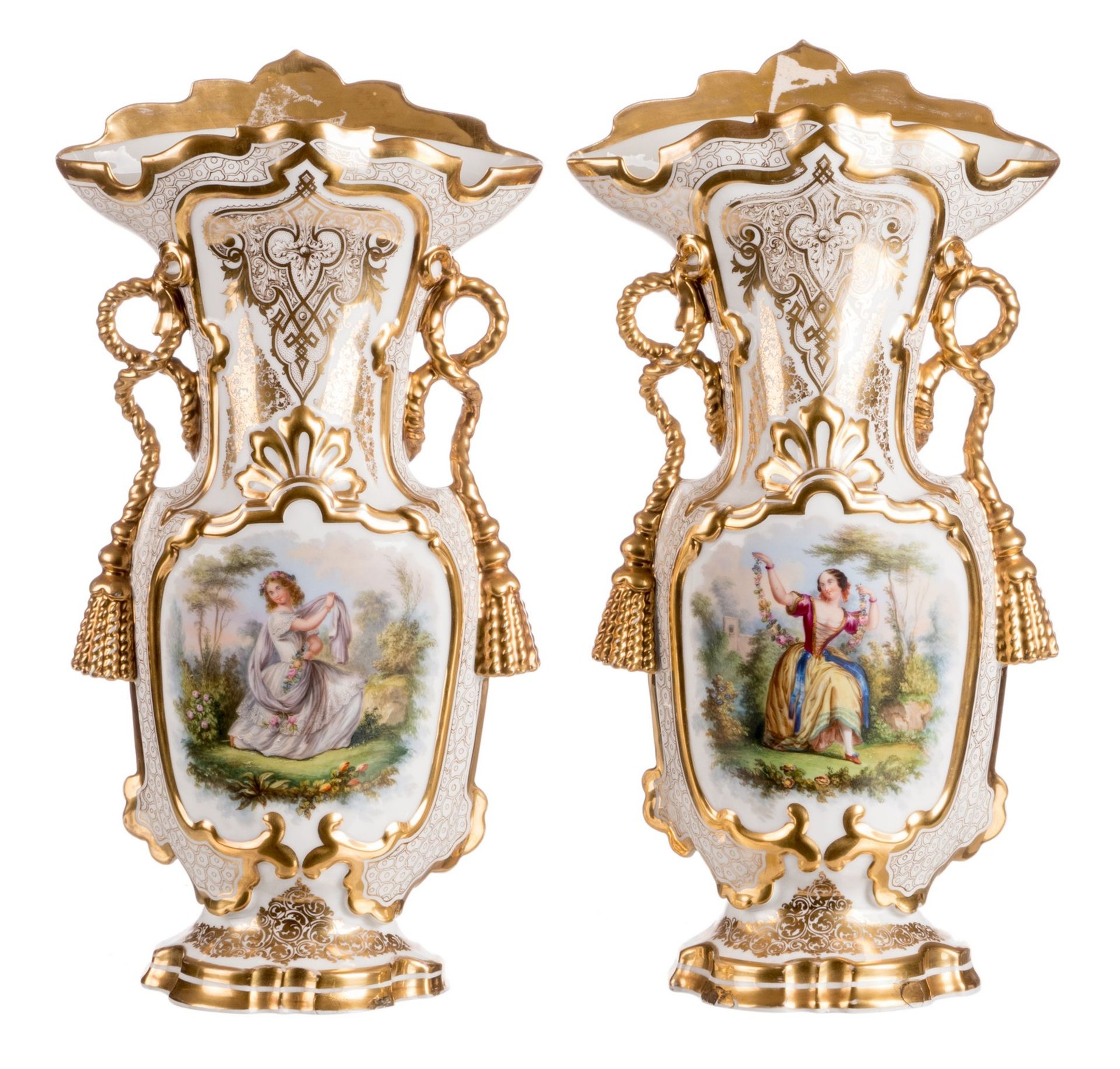 A pair of ornamental vases in Brussels porcelain depicting gallant ladies, the gold paint in good