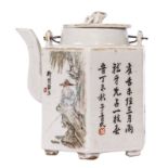 A Chinese hexagonal polychrome teapot and cover, decorated with an animated scene, a landscape and a