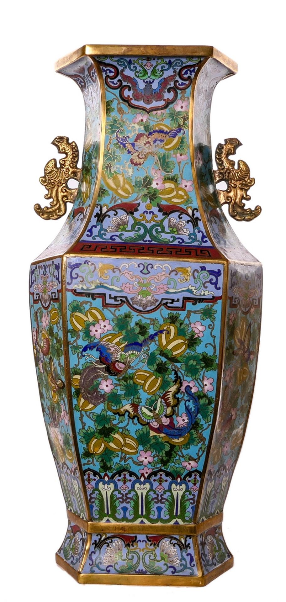 A Chinese hexagonal cloisonné vase, decorated with butterflies and floral motifs, ears relief