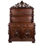 A French oak hunting buffet with fine sculpted decoration, late 19thC, H 219 - W 139 - D 55 cm