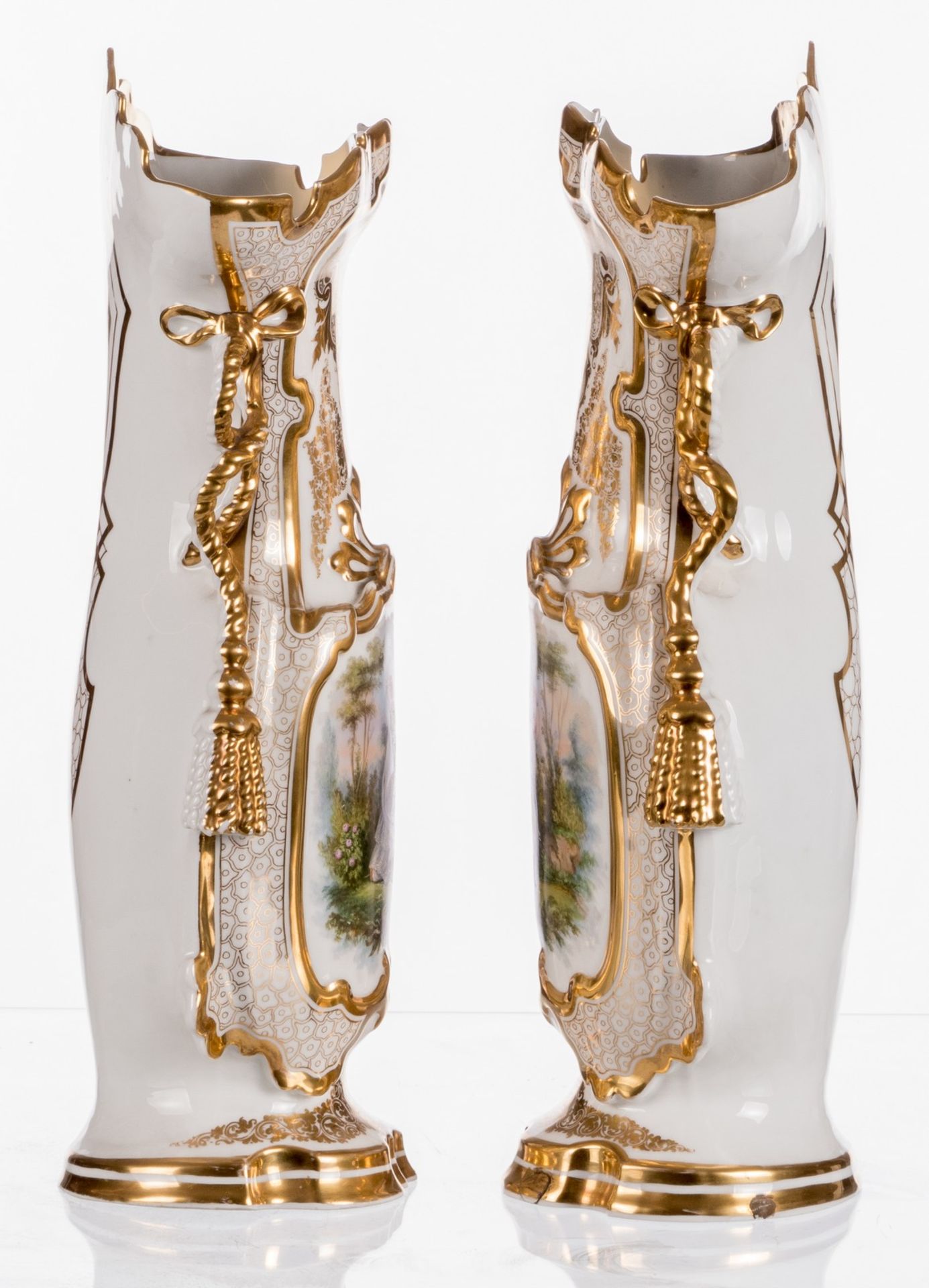 A pair of ornamental vases in Brussels porcelain depicting gallant ladies, the gold paint in good - Image 4 of 14