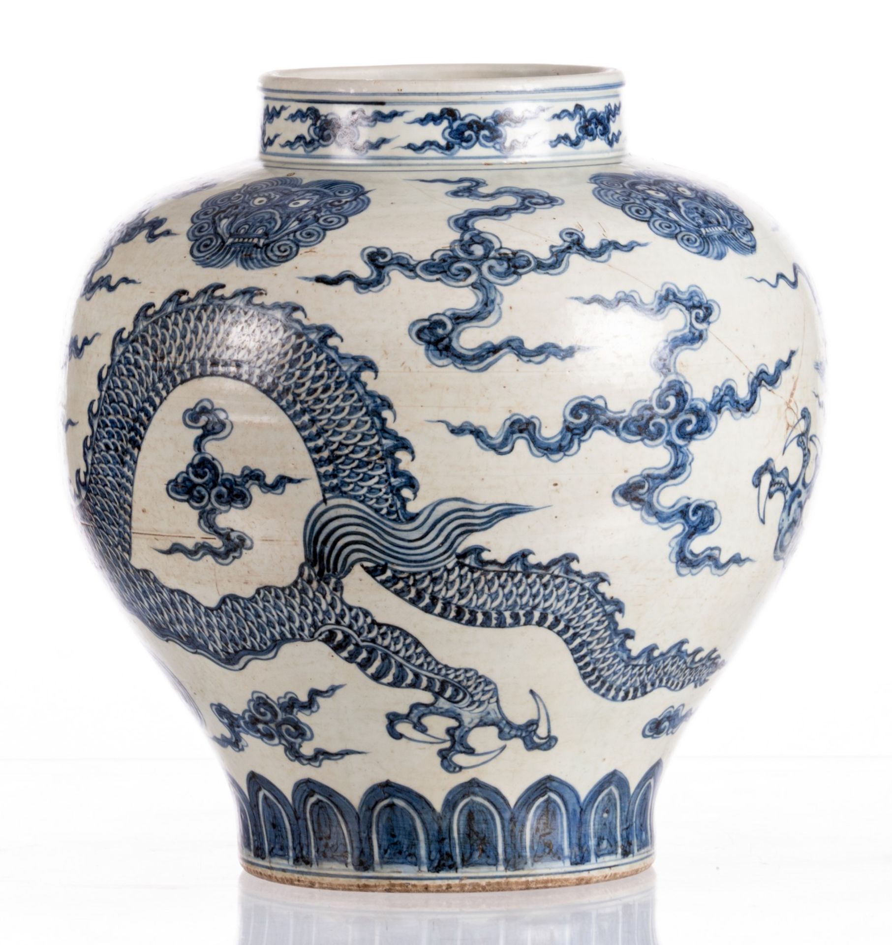 A Chinese blue and white dragon vase, marked, Qing dynasty, H 40,5 cm (cracks) - Bild 4 aus 15