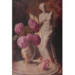 Tahon A., still life with flowers and the Venus de Milo, oil on canvas, 20thC, 79,5 x 120 cm (