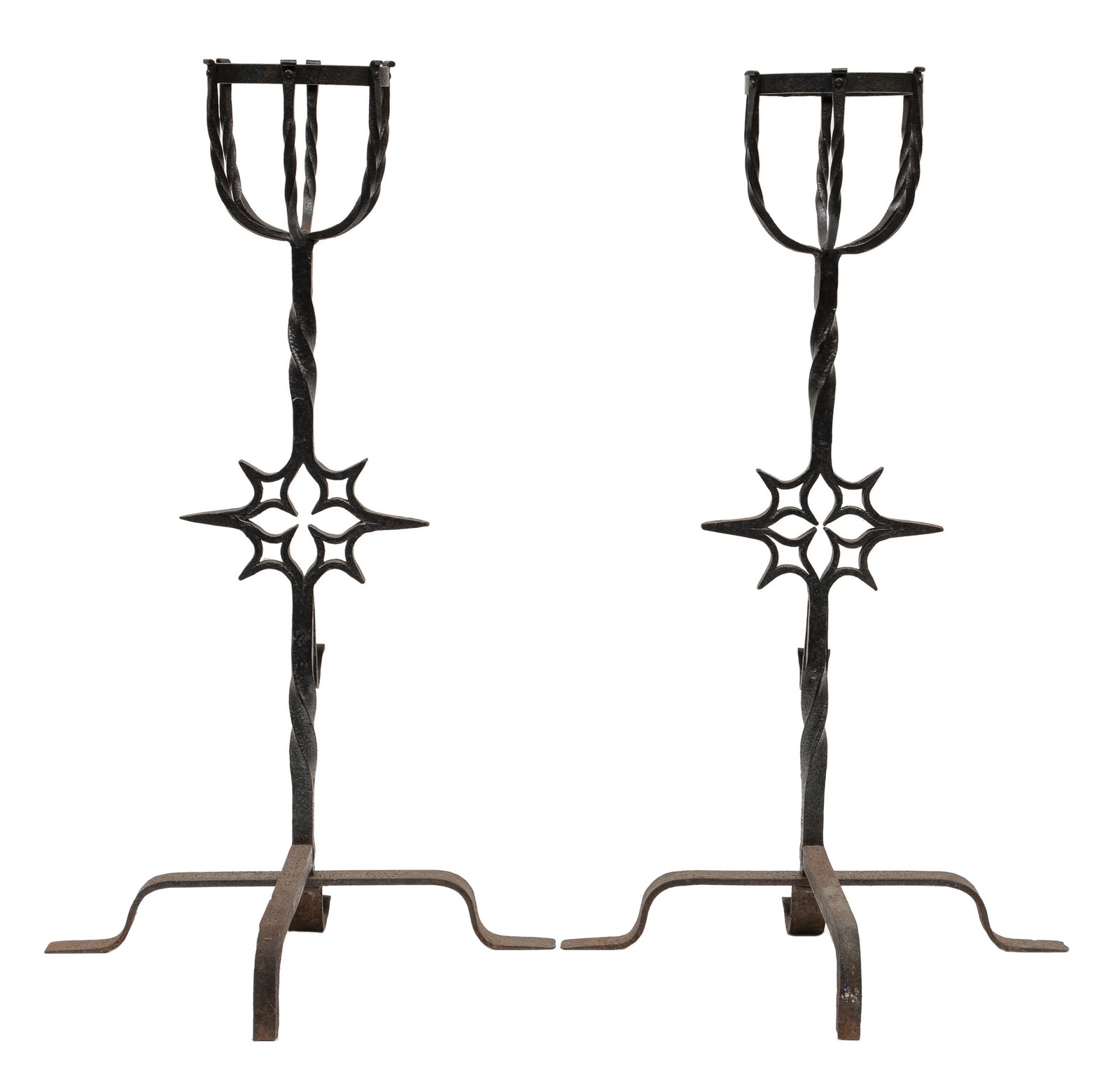 A pair of Gothic style wrought iron andirons, H 83 cm