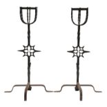 A pair of Gothic style wrought iron andirons, H 83 cm