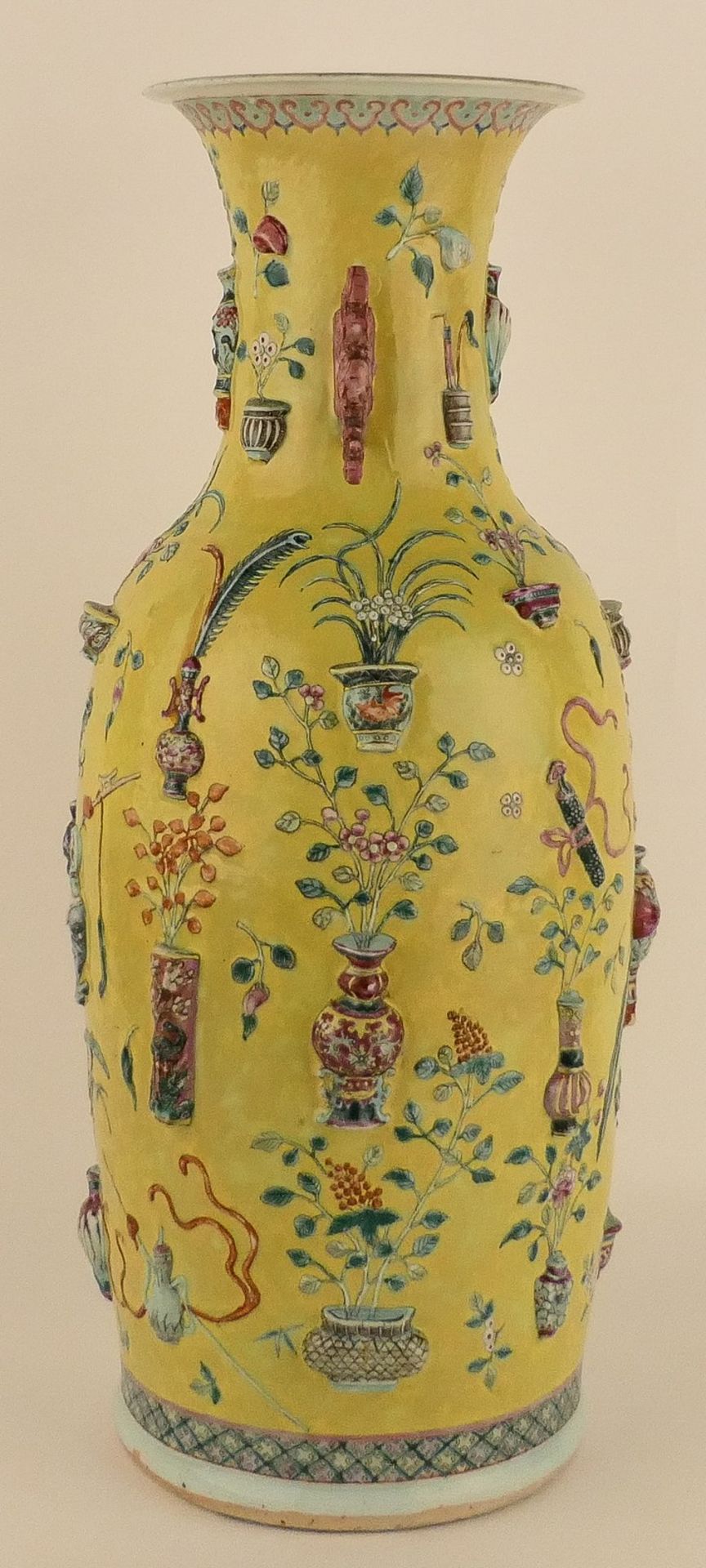 A Chinese yellow ground famille rose vase, decorated with moulded antiquities and flower branches, - Bild 2 aus 12