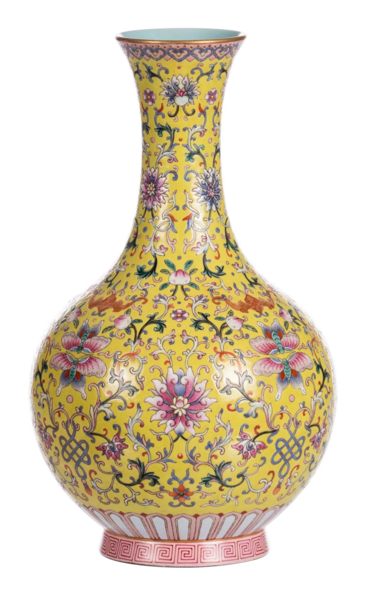 A Chinese yellow ground famille rose bottle vase, floral decorated with butterflies and bats, marked