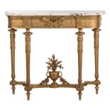 A neoclassical gilt wood console table with yellow Sienna marble top, H 90,5 - W 10 8 -D 43 cm