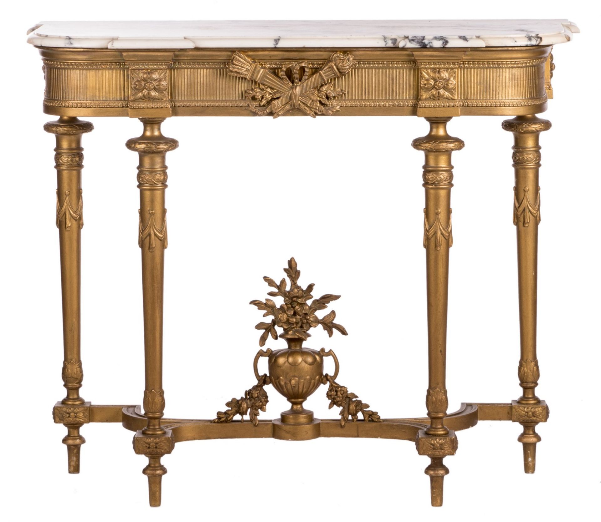 A neoclassical gilt wood console table with yellow Sienna marble top, H 90,5 - W 10 8 -D 43 cm