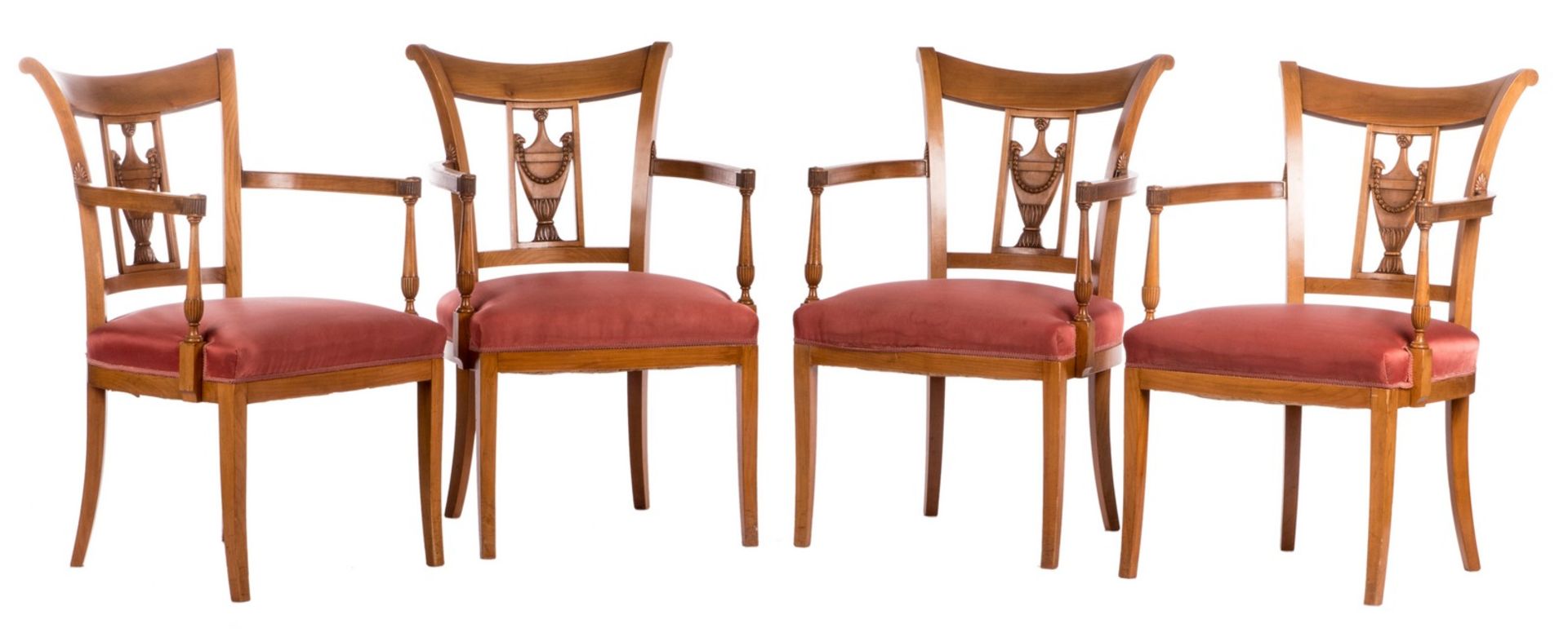 Aa set of four French directoire style cherrywood armchairs, H 88,5 - W 56 - D 59,5 cm