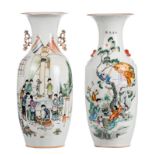 Two Chinese polychrome decorated vases, one vase with an animated scene and one vase with playing