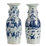 Two Chinese celadon ground blue and white vases, one decorated with an animated garden scene; one