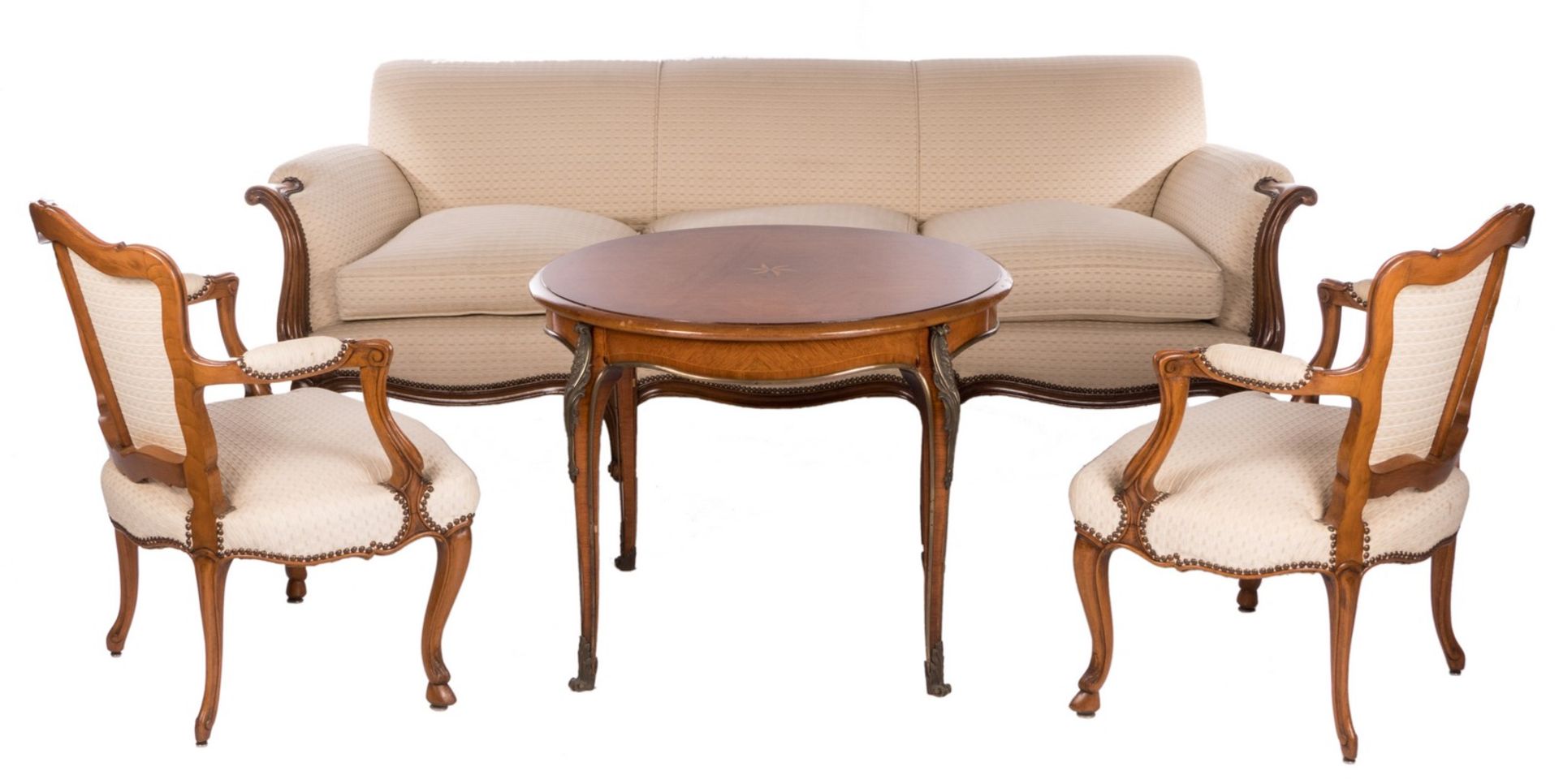 A three part LXV style sculpted cherrywood drawing room set, measures sopha H 79 - W 220 - D 94