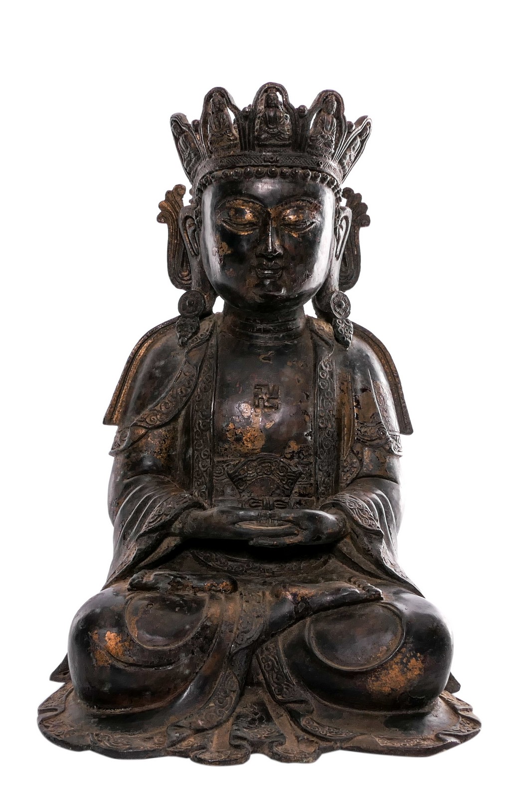 A Chinese gilt bronze Buddha with traces of polychromy, H 39 cm