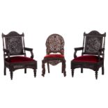 Two Oriental sculpted hardwood throne chairs, H 98 - W 62 - D 60 cm; added a ditto chair, H 80 - W