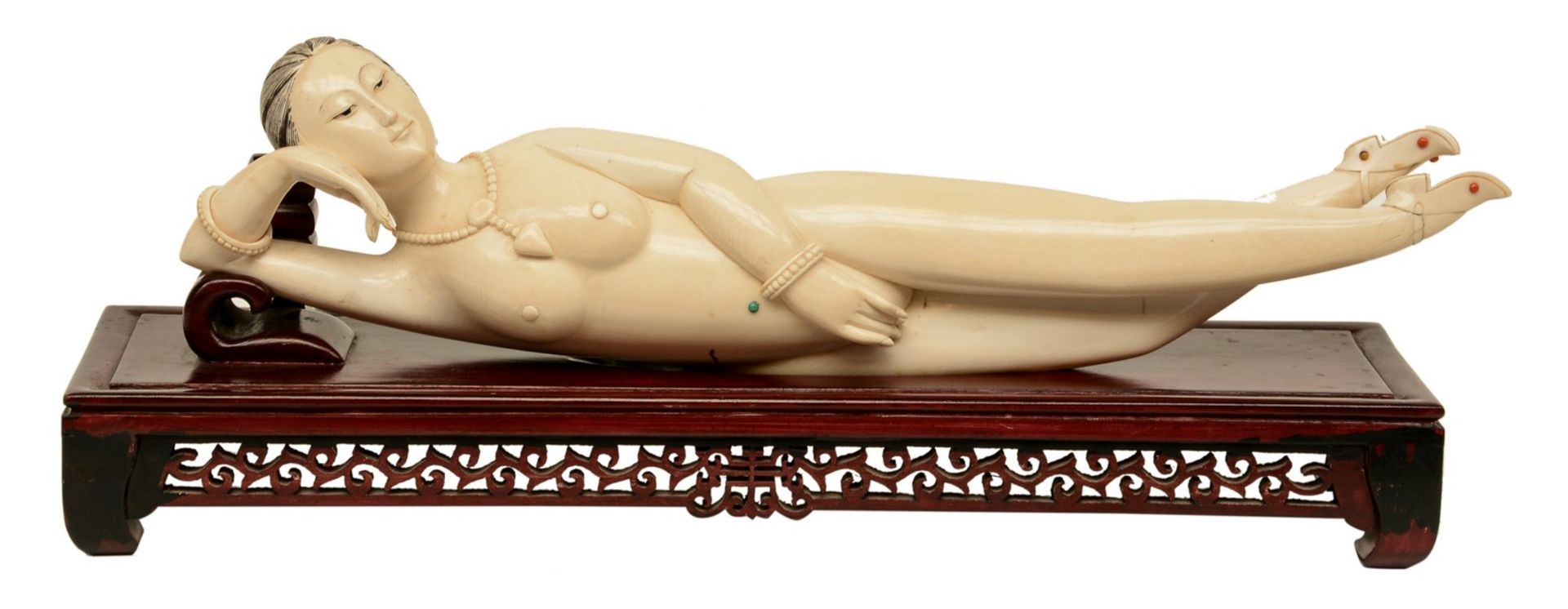 A Chinese ivory Medicine Lady,ivory with coloured engraving decoration with semi-precious stones
