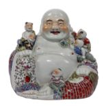 A Chinese laughing Budai with children, polychrome decorated, marked, about 1900, H 24,5 cm