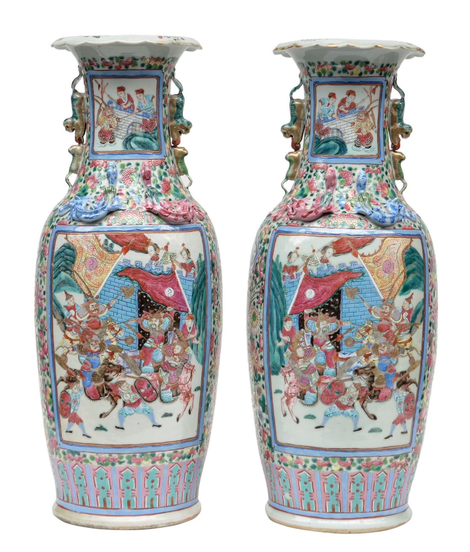 A pair of Chinese famille rose vases, decorated with warriors and a court scene, 19thC, H 64 cm