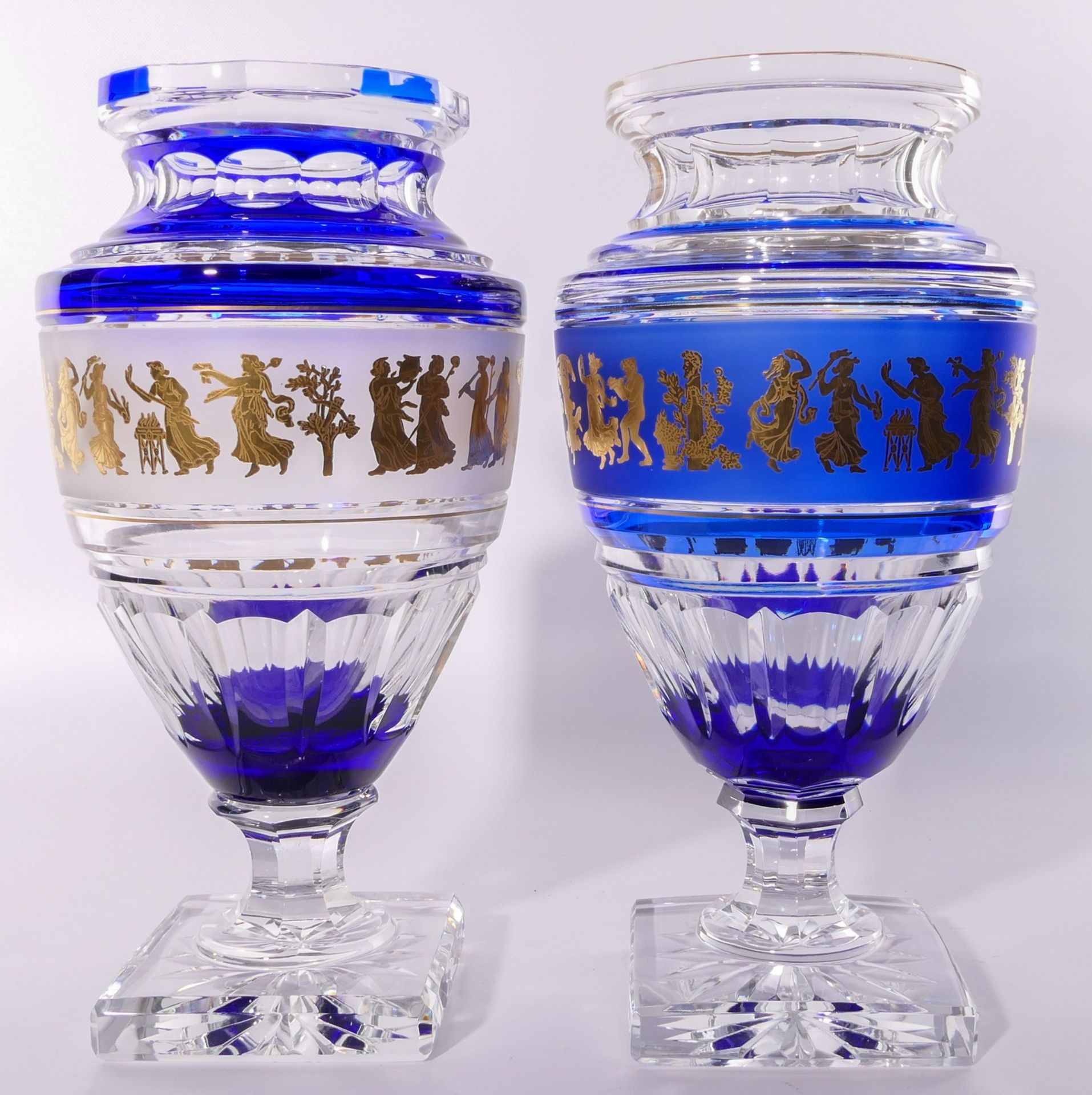 Two almost identical Val St. Lambert blue cut to clear crystal vases, decorated on the body with - Image 3 of 9