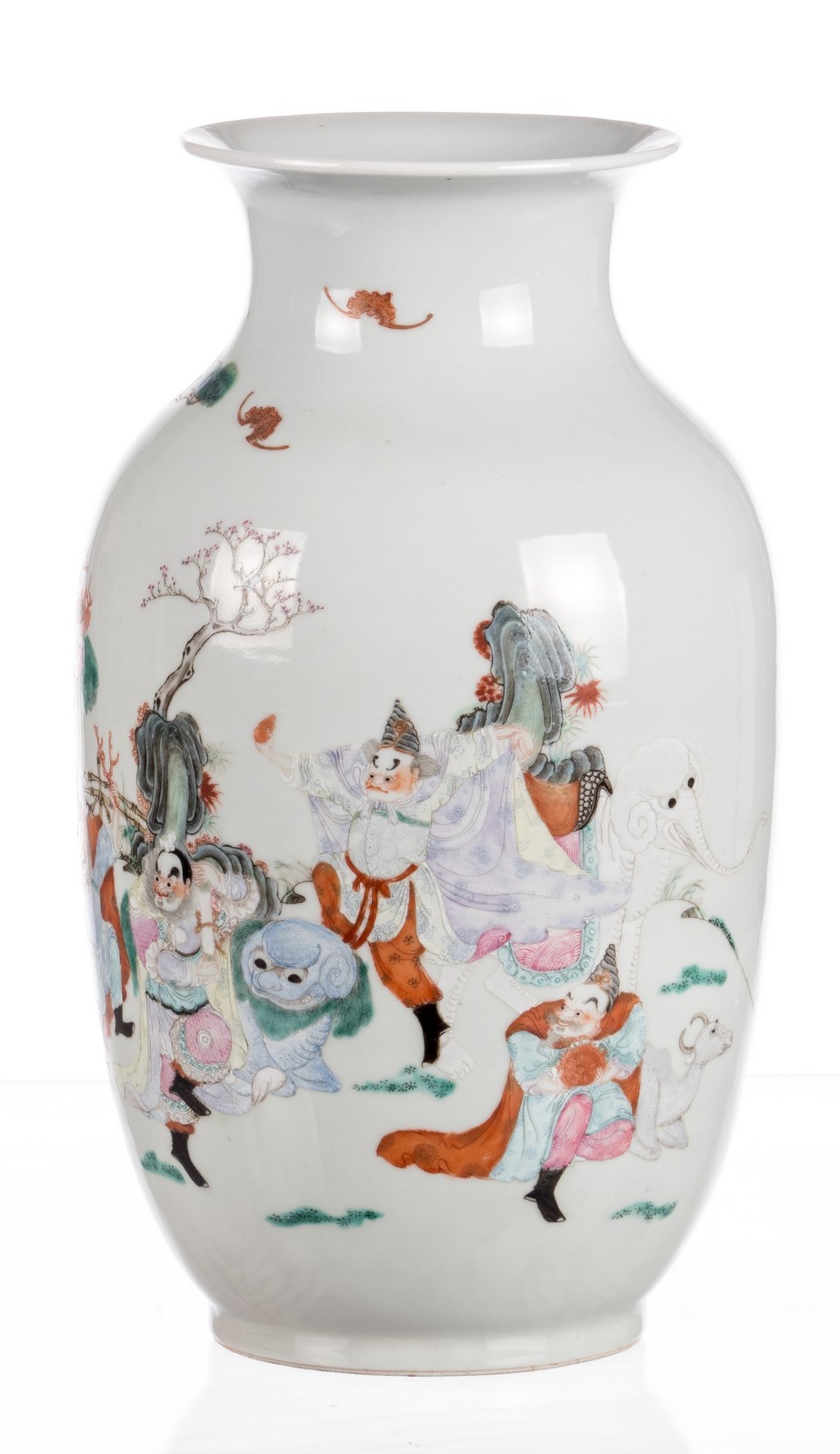 A Chinese famille rose decorated vase with an animated scene with figures and animals, marked - Image 2 of 6