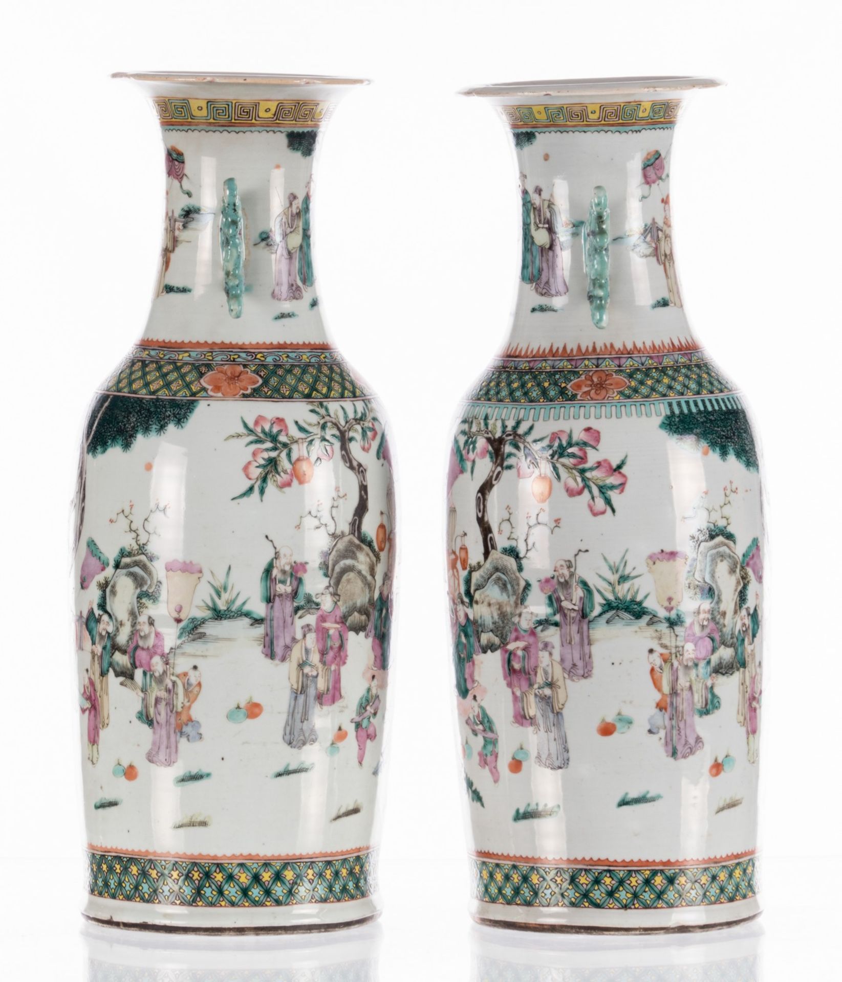 A pair of Chinese famille rose vases, overall decorated with a court scene on a terrace in a - Bild 4 aus 15