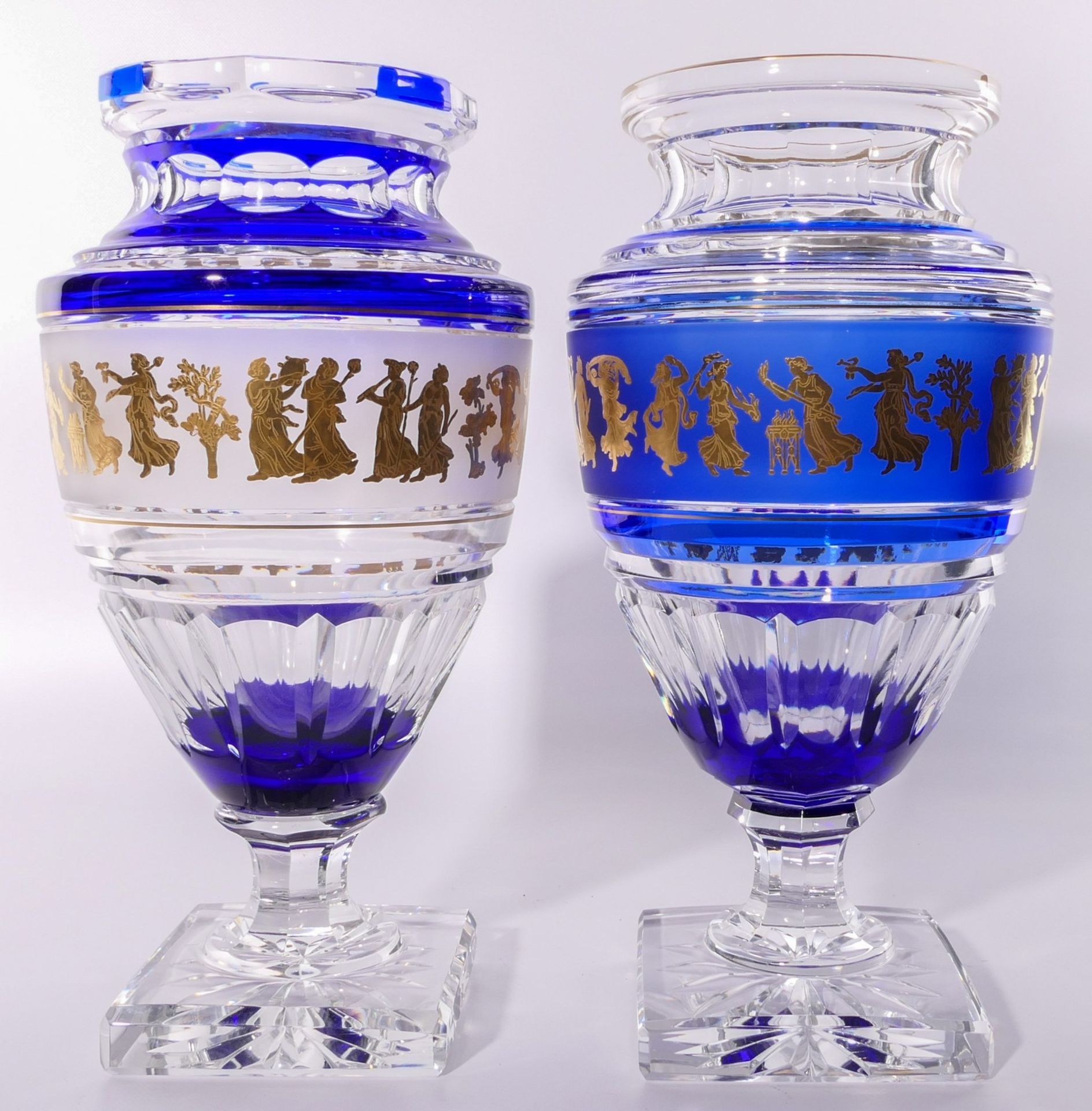 Two almost identical Val St. Lambert blue cut to clear crystal vases, decorated on the body with - Image 5 of 9