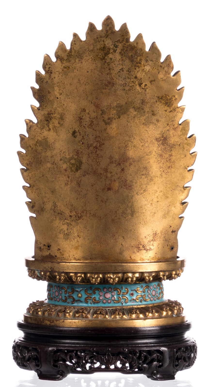 A Chinese gilt bronze cloisonné domestic altar with an aureole, floral and relief decorated, on a - Image 4 of 10