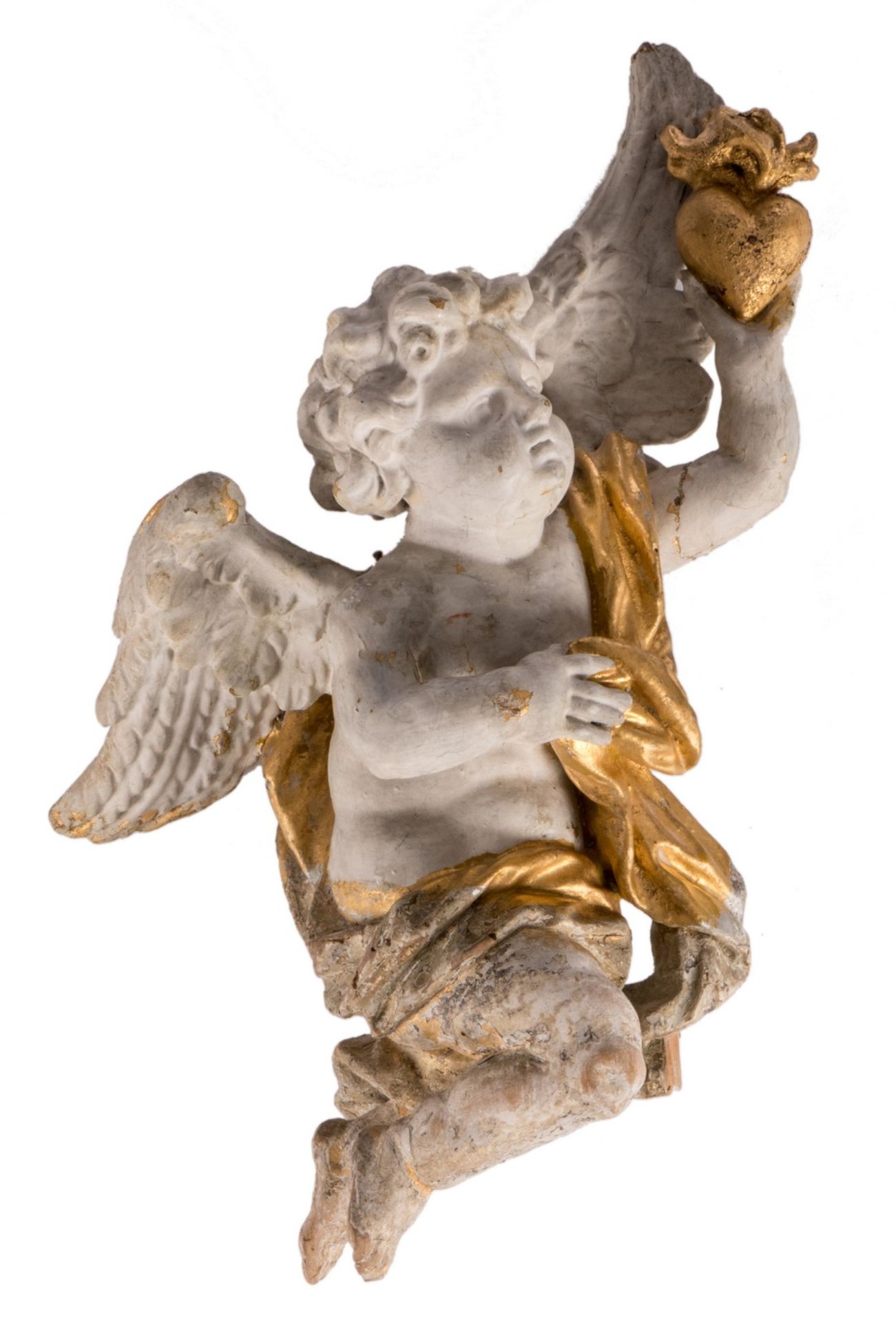 A Baroque polychrome paint and gilt wood altar angel, late 17thC, H 45 cm