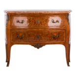 A mahogany and marquetry veneered LXV style commode, bronze mounts and a Rosalia turque marble