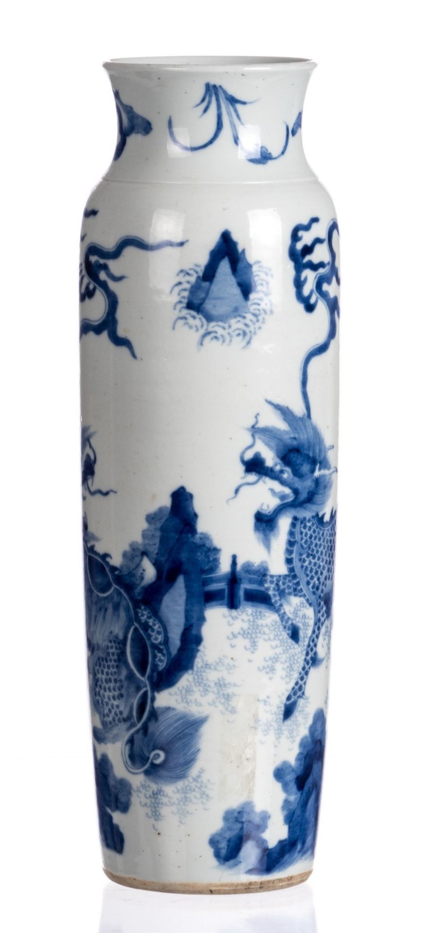 A Chinese blue and white cylinder shaped vase, overall decorated with Fû-lions in a garden, H 47,5 - Image 4 of 9