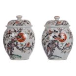 Two Chinese polychrome decorated pots and covers, with birds on a flower branch, 19thC