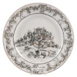 A Chinese ornamental plate, so called 'encre de chine' and gilt decorated and showing the