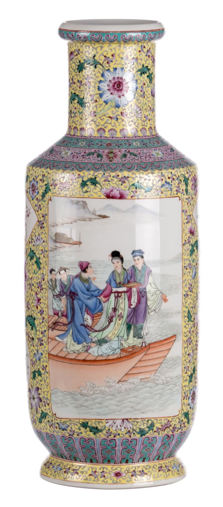 A Chinese yellow ground famille rose rouleau shaped vase, the roundels decorated with animated