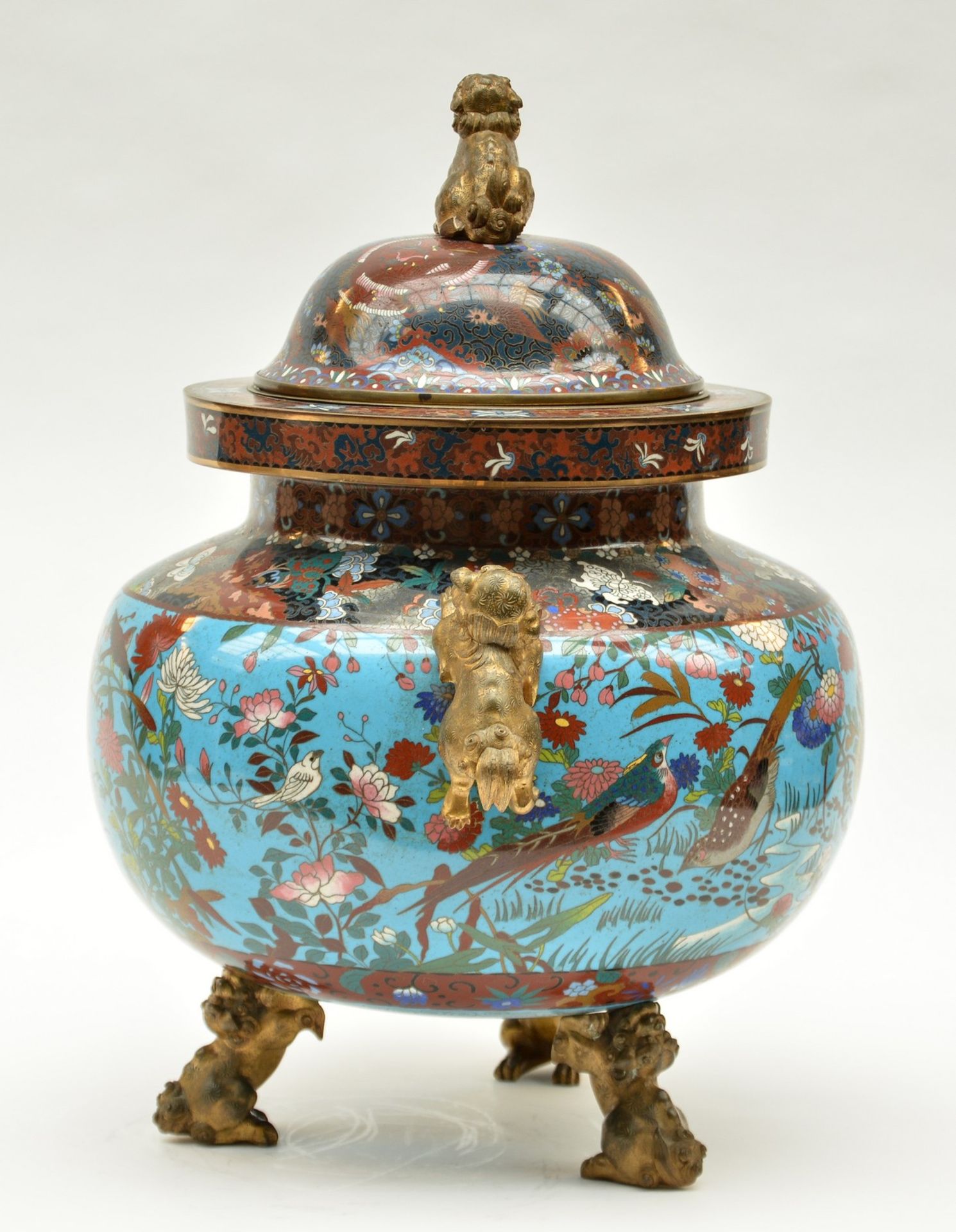 A Chinese cloisonné vase and cover, decorated with animals and floral motifs, the gilt bronze - Bild 16 aus 18