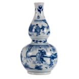 A Chinese blue and white double-gourd vase, decorated with figures on a terrace in a garden, H 35 cm