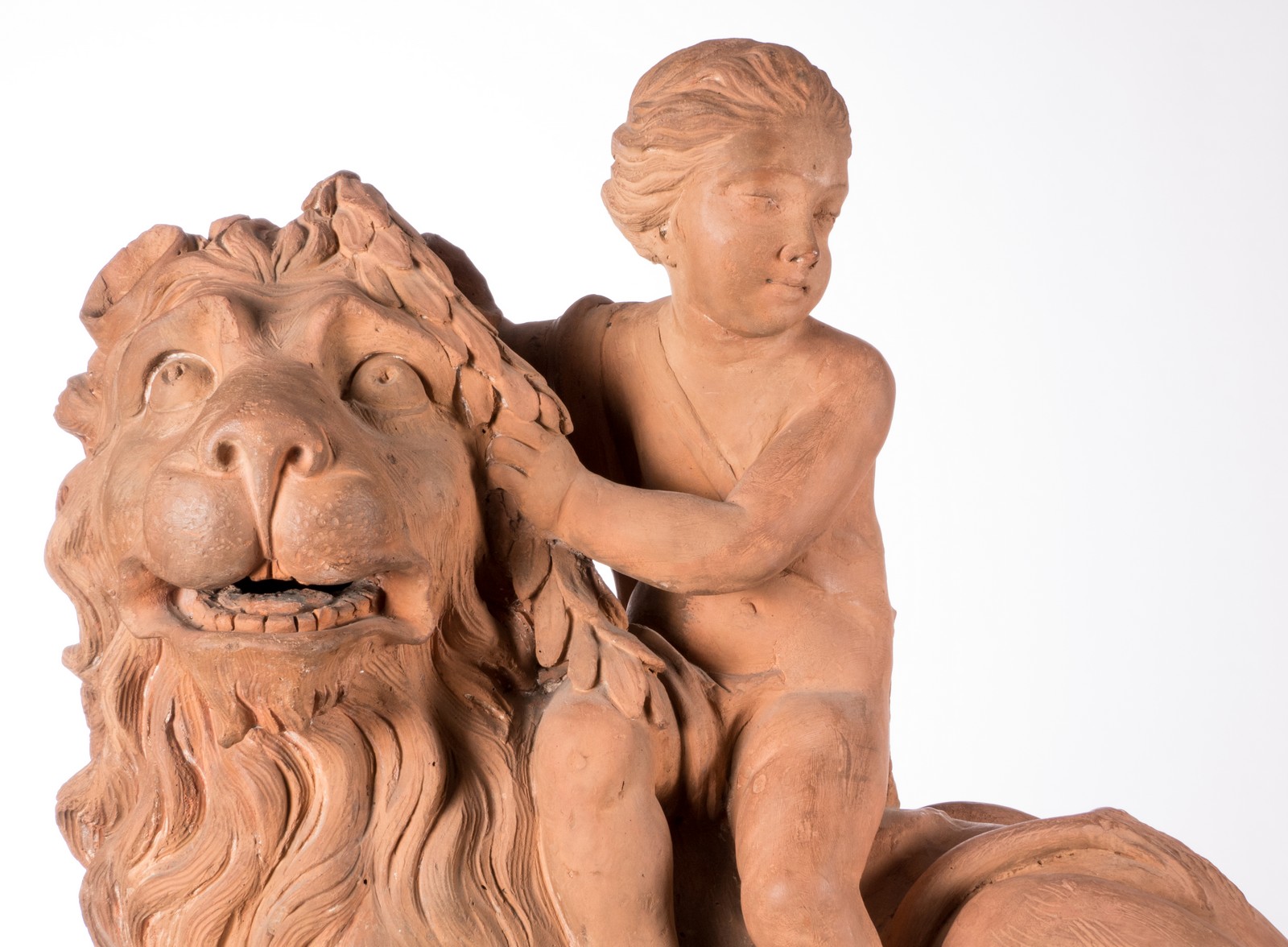 A large pair of terracotta sculptures depicting an allegoric scene, 19thC, H 78 - B 97 - D 35 cm - Image 8 of 62