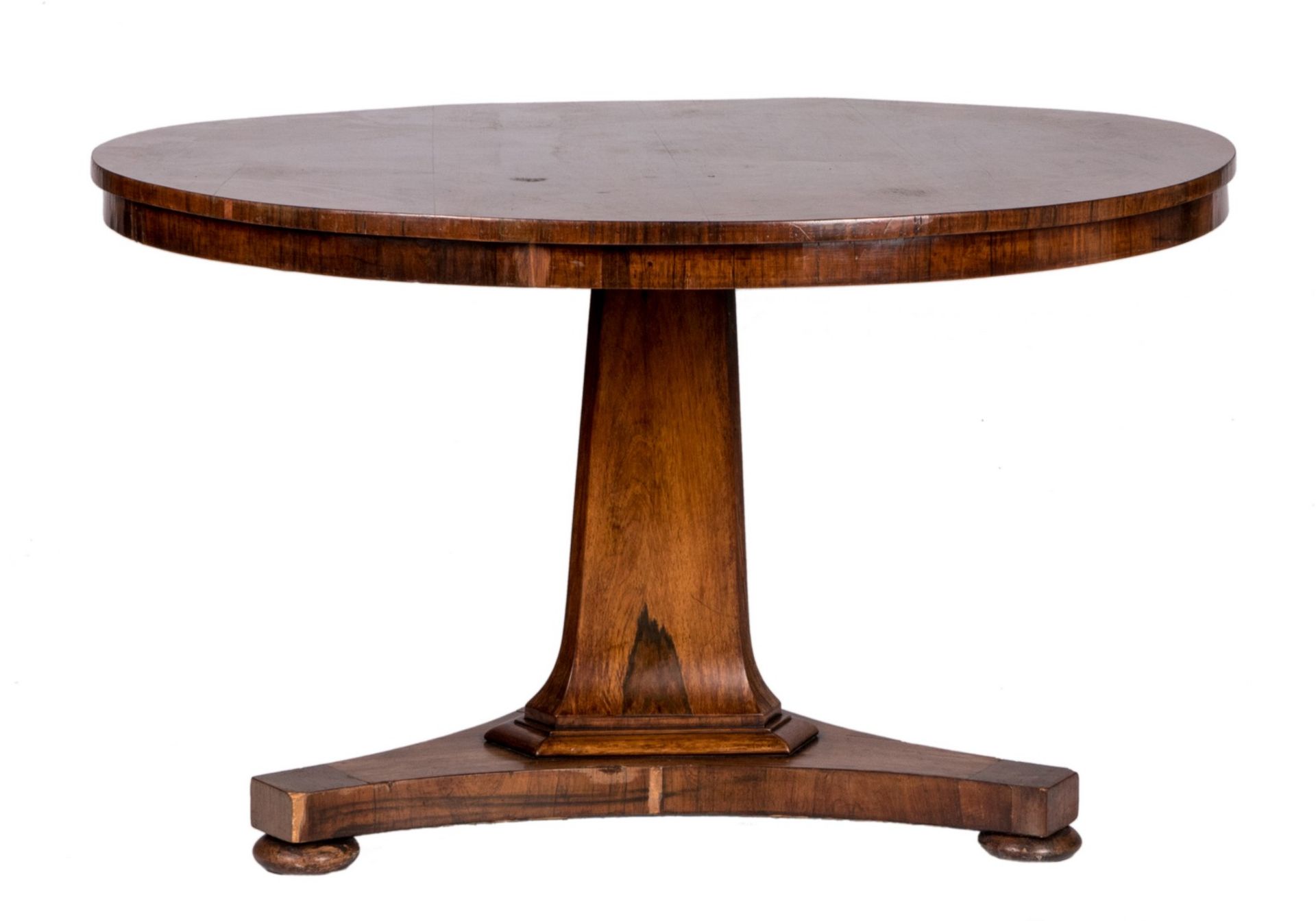 A rosewood veneered mid 19thC dinner table, H 74 - Diameter 122 cm