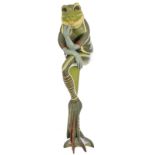 Zou, a frog, sculpture in polychrome painted paper pulp, wood pulp carrier, H 73,5 cm