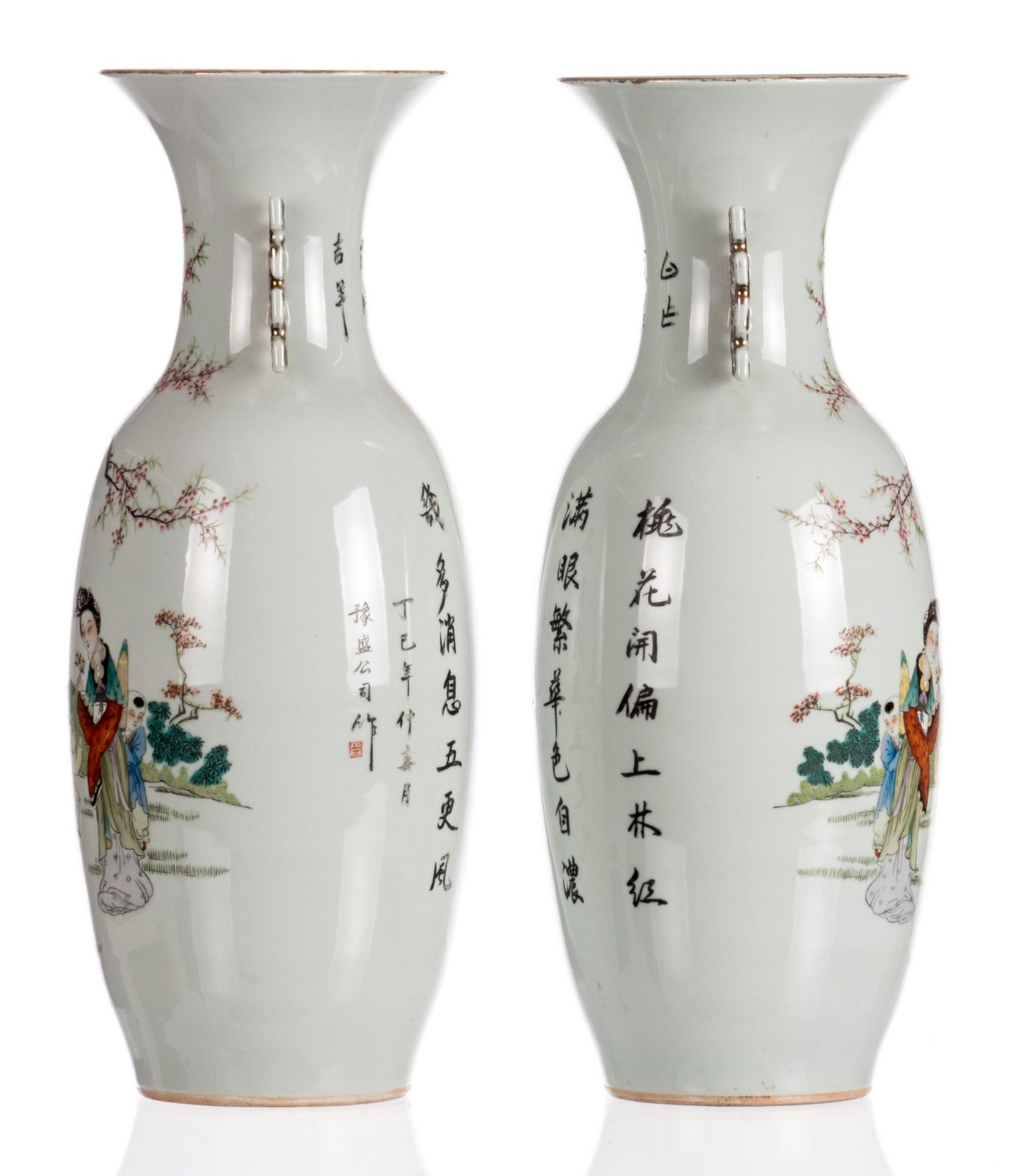 A pair of Chinese polychrome decorated vases with court ladies and children in a garden and - Image 2 of 7