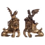 A pair of bronze dragons and lions shaped andirons, H 38 cm