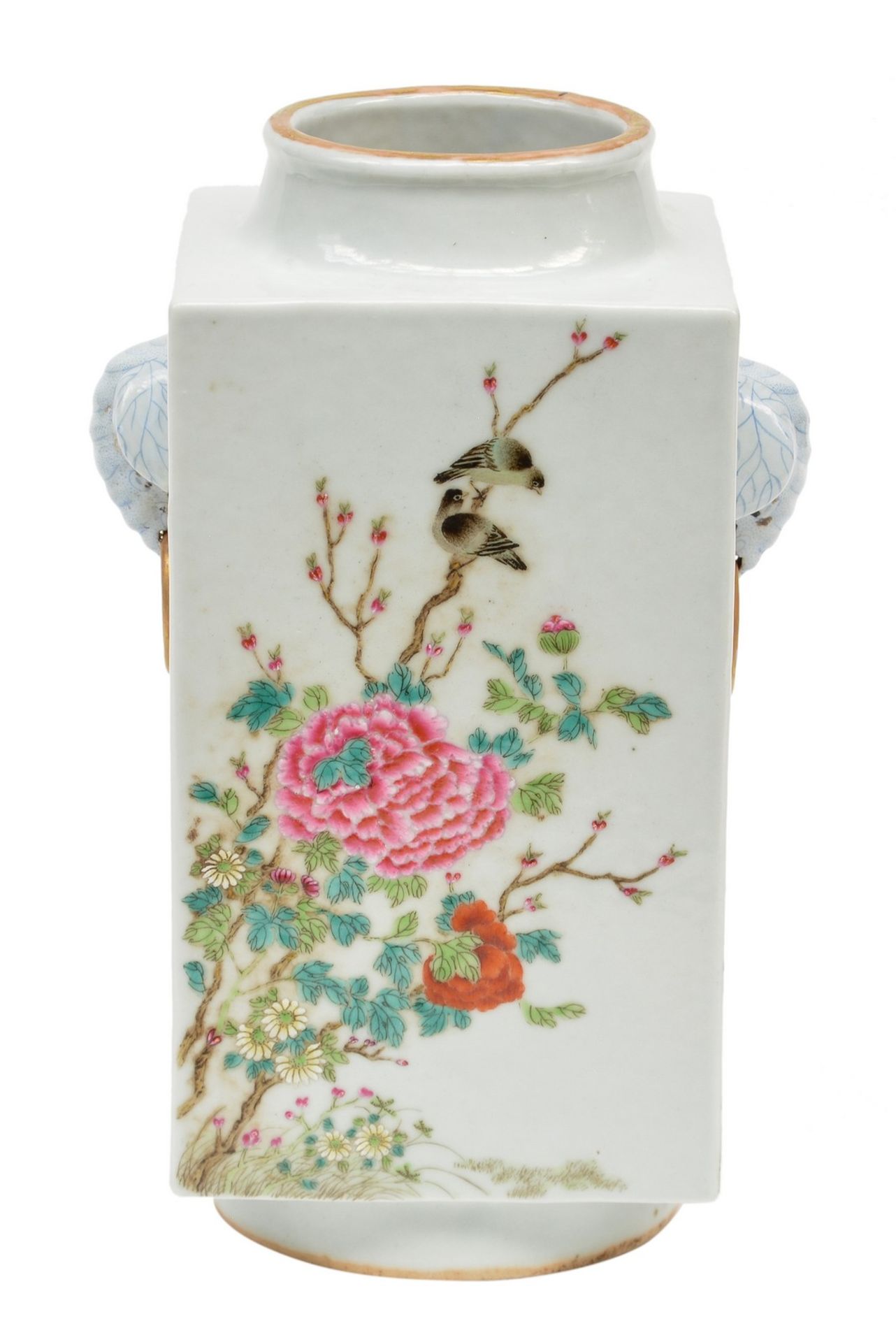 A Chinese famille rose quadrangular vase, decorated with birds on flower branches and elephant