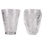 Two vases out of clear and frosted crystal, one decorated with bathing woman, one decorated with