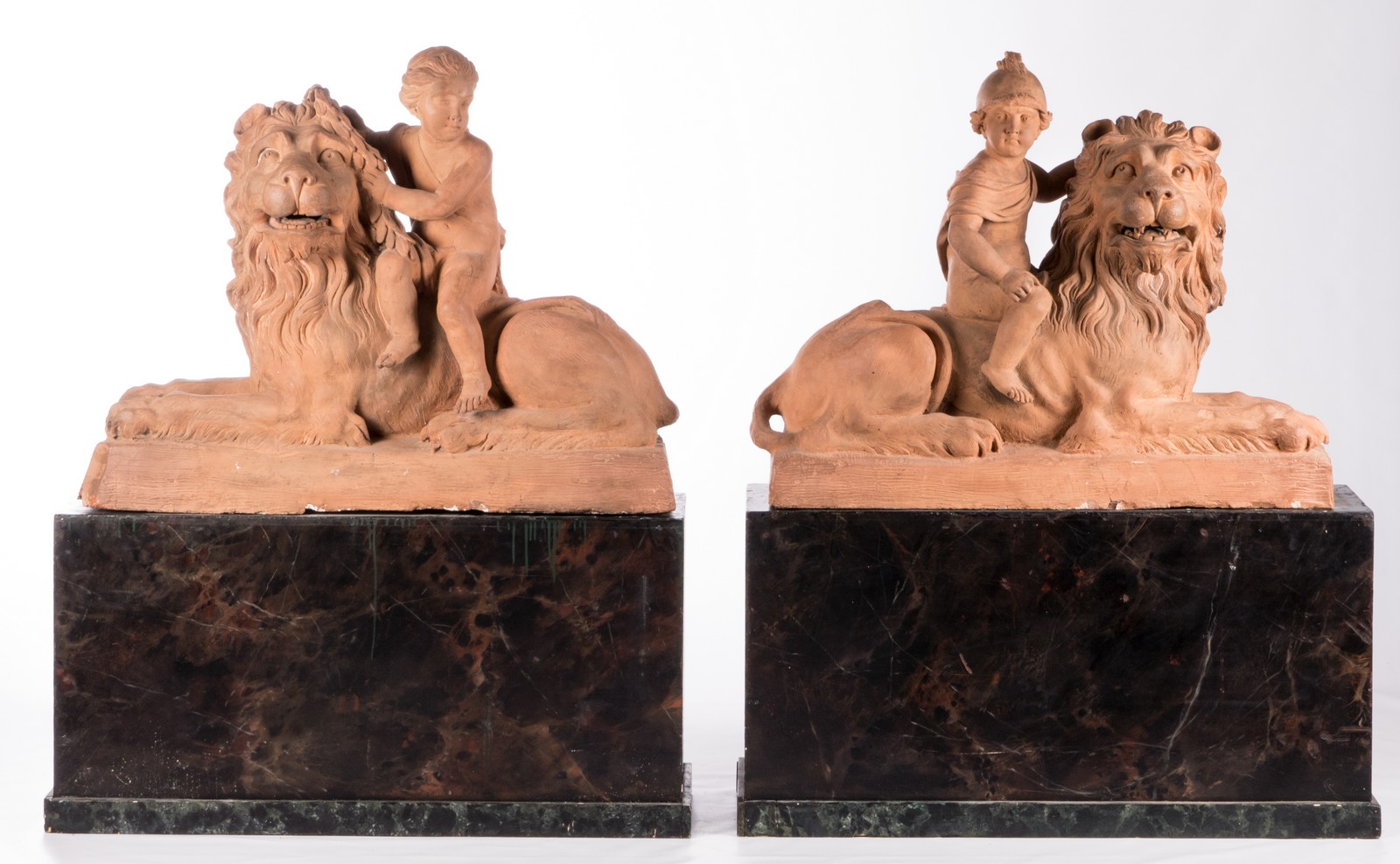 A large pair of terracotta sculptures depicting an allegoric scene, 19thC, H 78 - B 97 - D 35 cm - Image 2 of 62