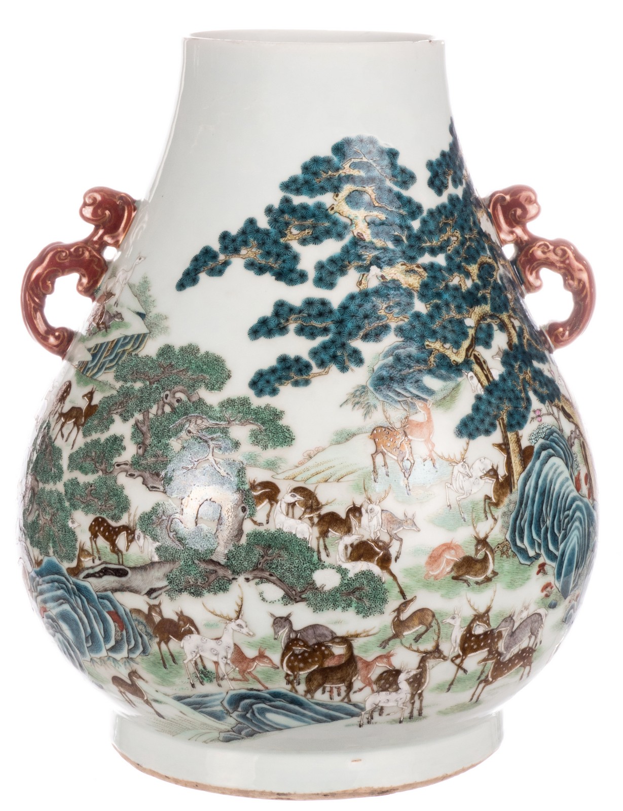 An exceptional Chinese famille rose 'hundred deer'  Hu vase, marked Qianlong, H 45,5 cm (chip on the