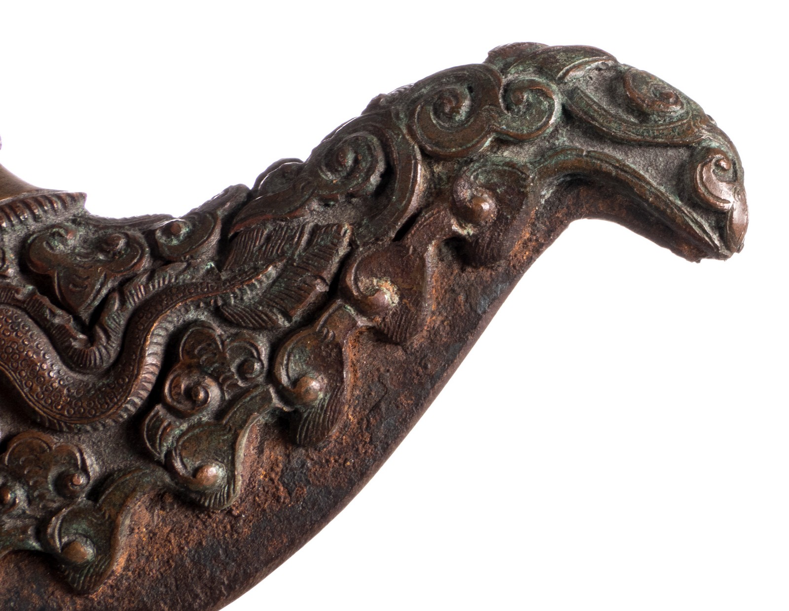 Two Sino-Tibetan ritual knives, 'Vajra Kartika', dragon relief decorated, bronze, brass and iron, - Image 4 of 6