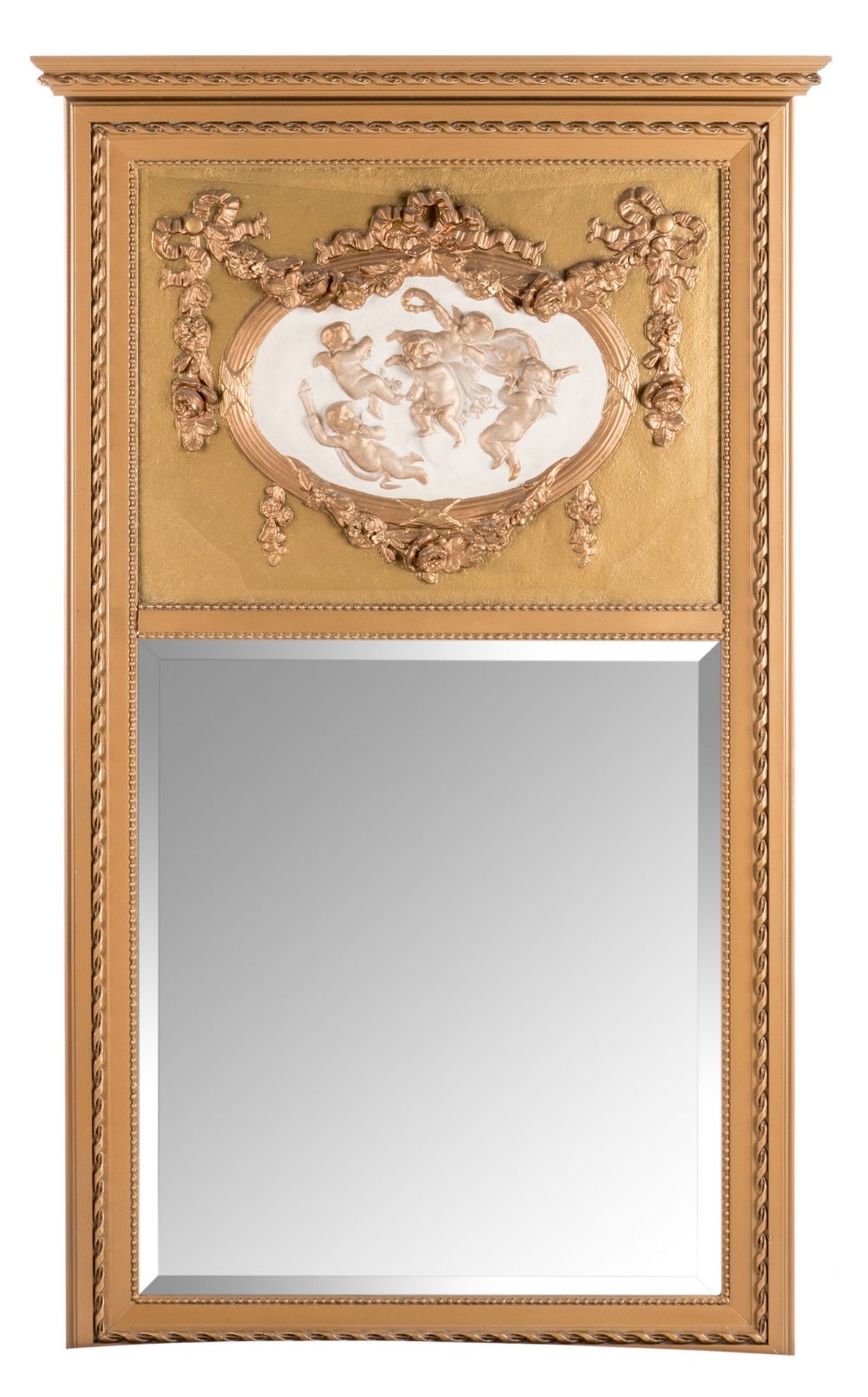 A neoclassical wall mirror with gilt frame, the roundel decorated with angels, H 153 - W 92,5 cm